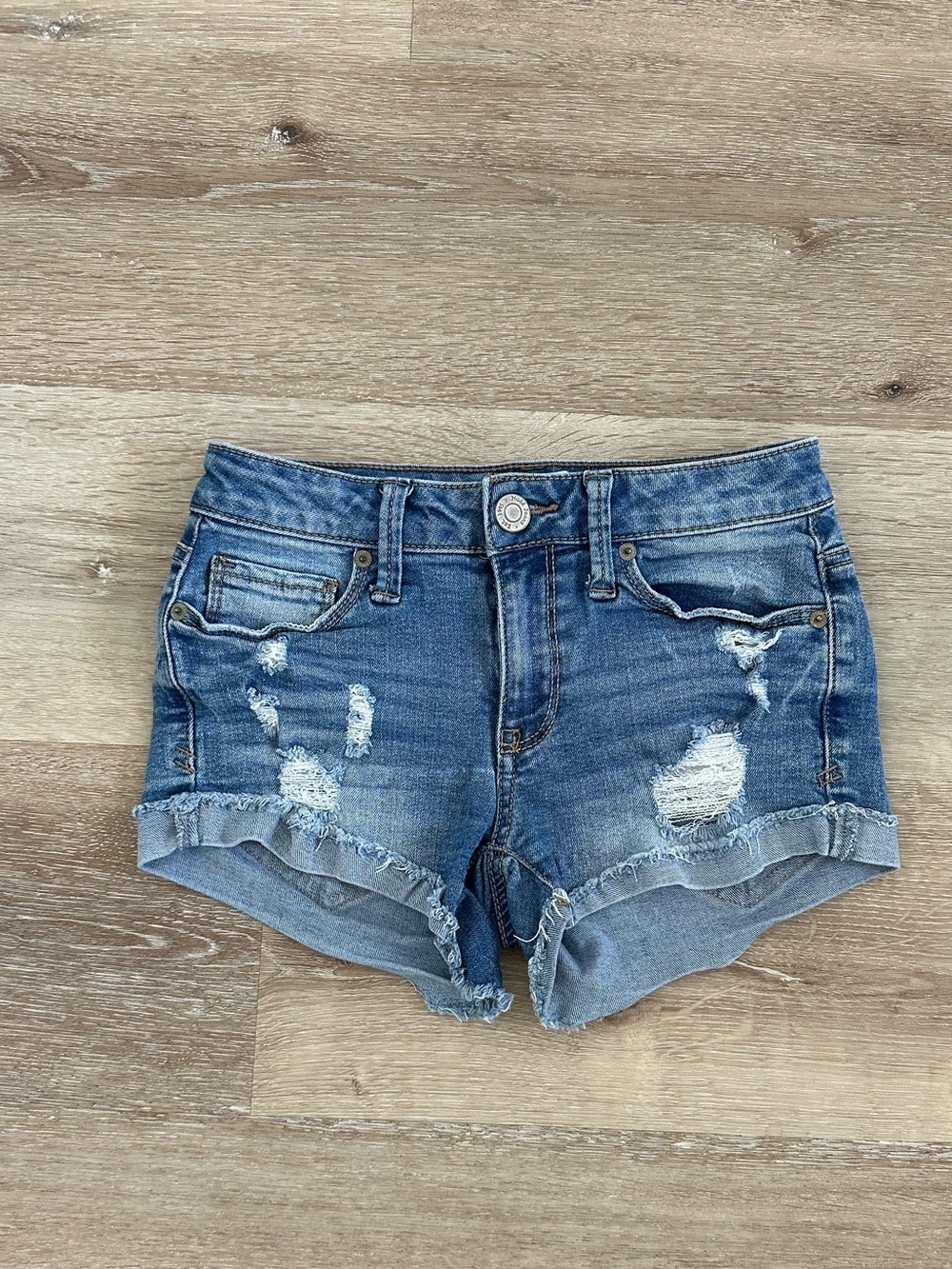Mudd Distressed Blue Denim Roll-Hem Shorts